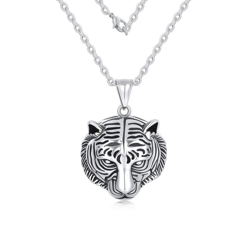 Fierce Tiger Head Pendant Necklace in Polished Stainless Steel