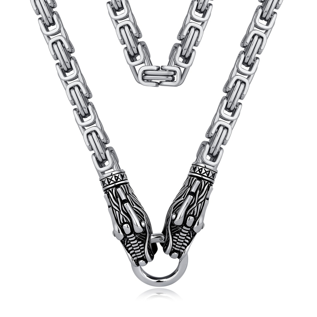Fierce Wolf Head Stainless Steel Chain Necklace with Intricate Clasp