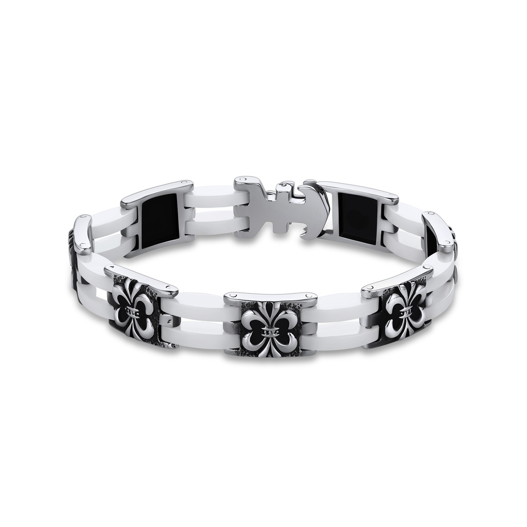 Fleur-de-Lis Design Stainless Steel Bracelet with Black Inlay