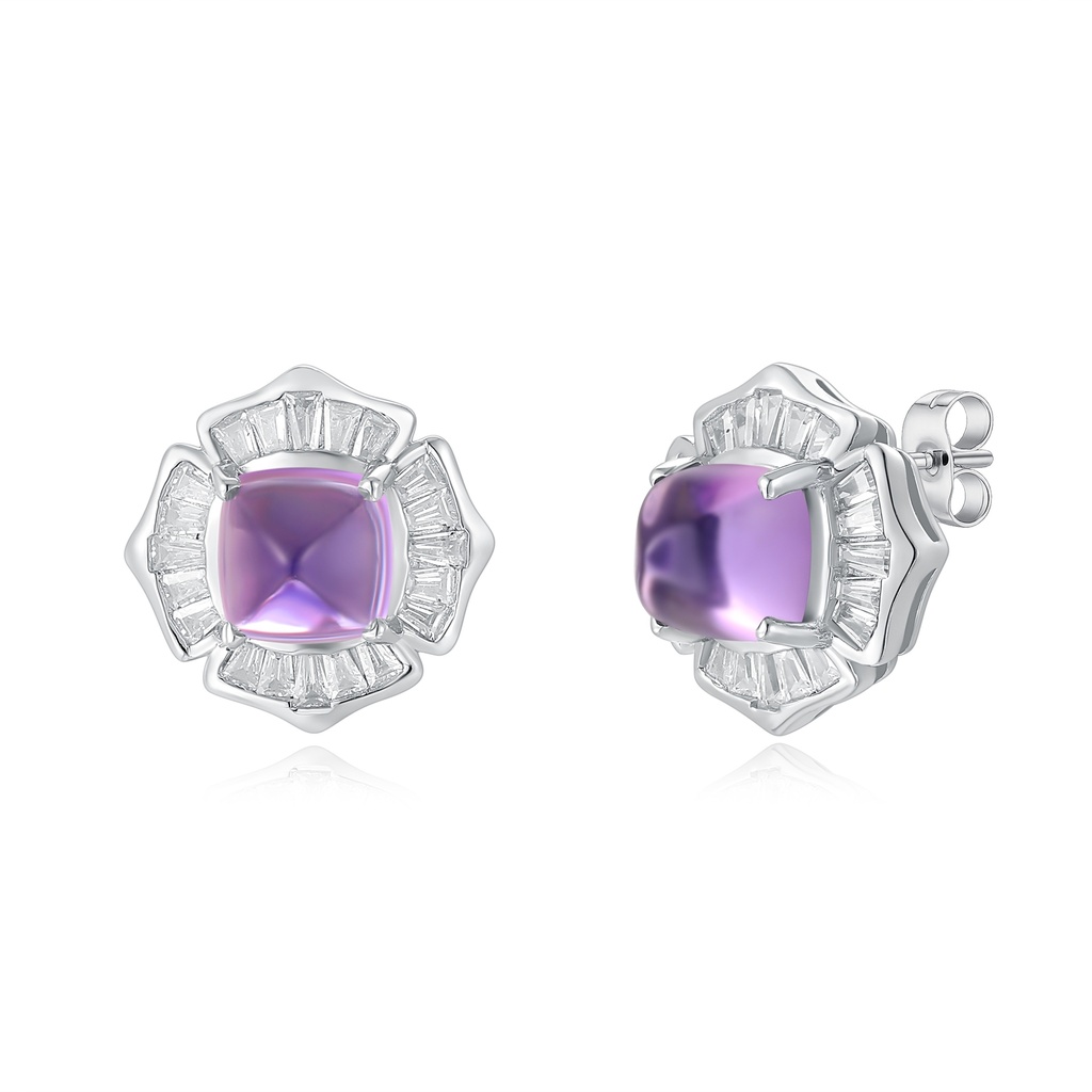 Floral Amethyst Stud Earrings with Diamond Baguette Halo Design