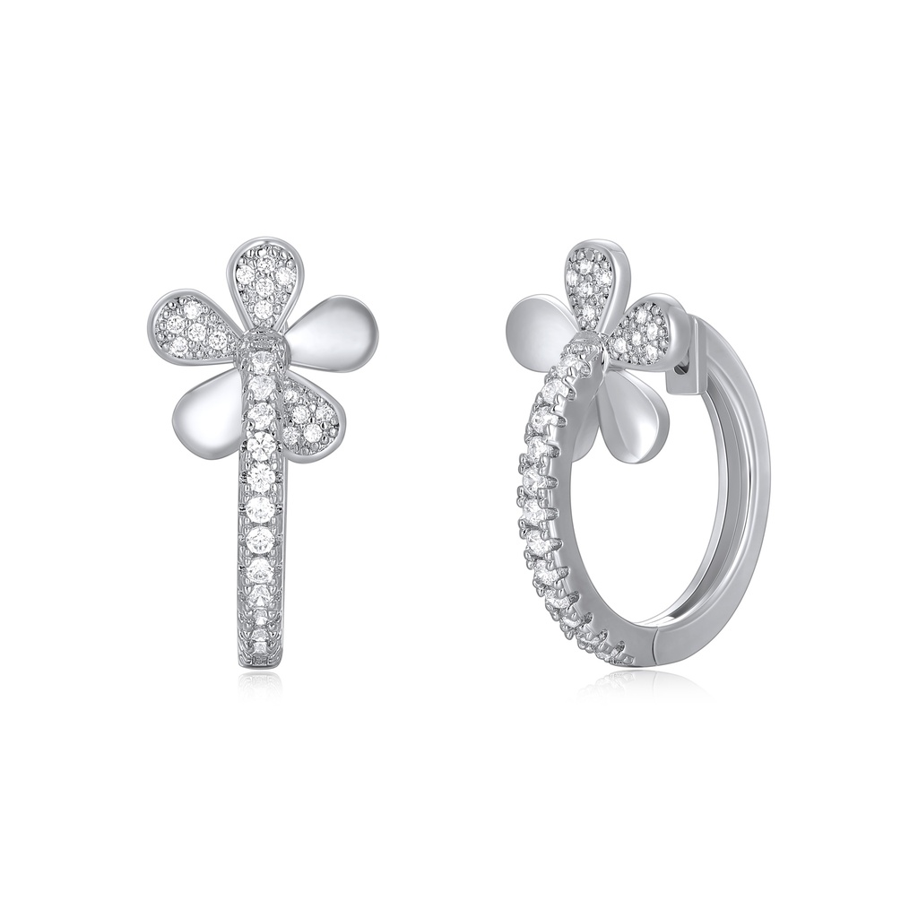 Floral Crystal Petal Huggie Earrings in Rhodium Finish