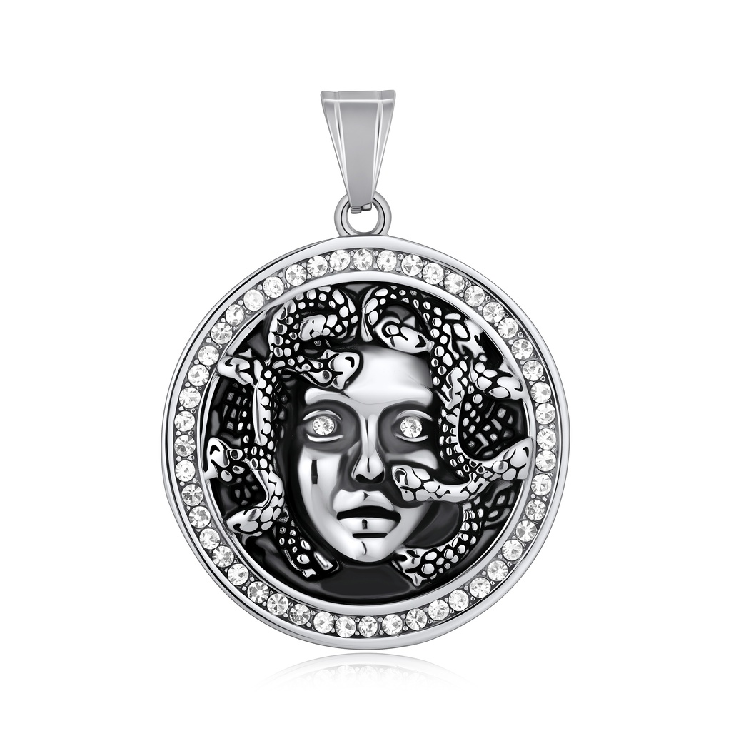 Floral Mandala Stainless Steel Pendant with Black Center Stone