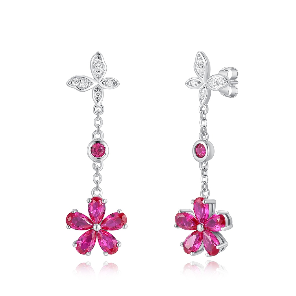 Floral Ruby Drop Earrings with Diamond Accented Leaf Design