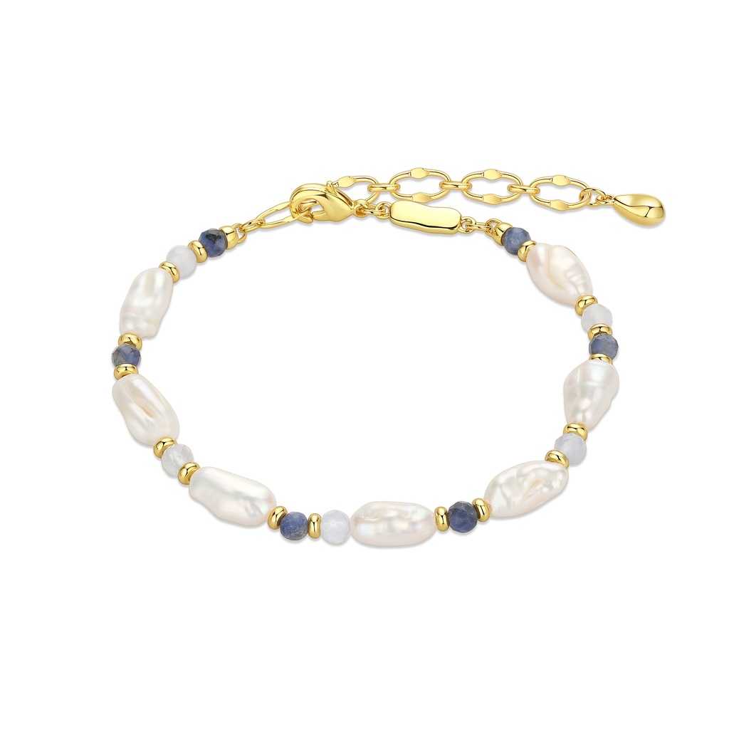 Freshwater Pearl and Blue Gemstone Gold Tone Brass Bracelet
