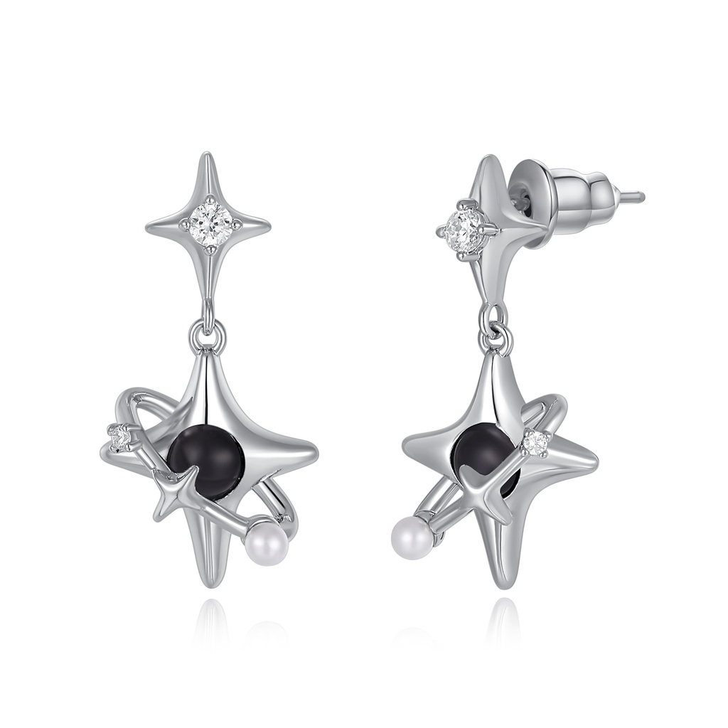 Galactic star earrings with pearl, black bead, and crystals