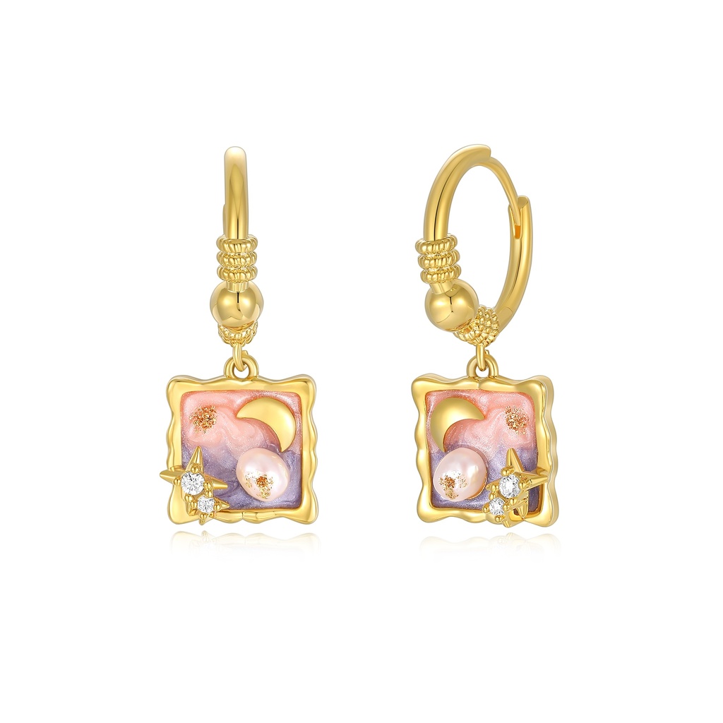 Galaxy Dream Enamel Hoop Earrings with Pearl and Moon