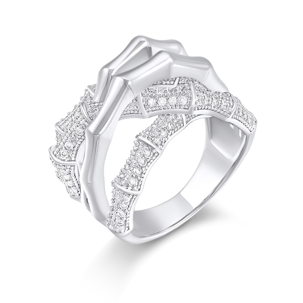 Geometric Bamboo Brass Ring with Pavé Cubic Zirconia Detailing