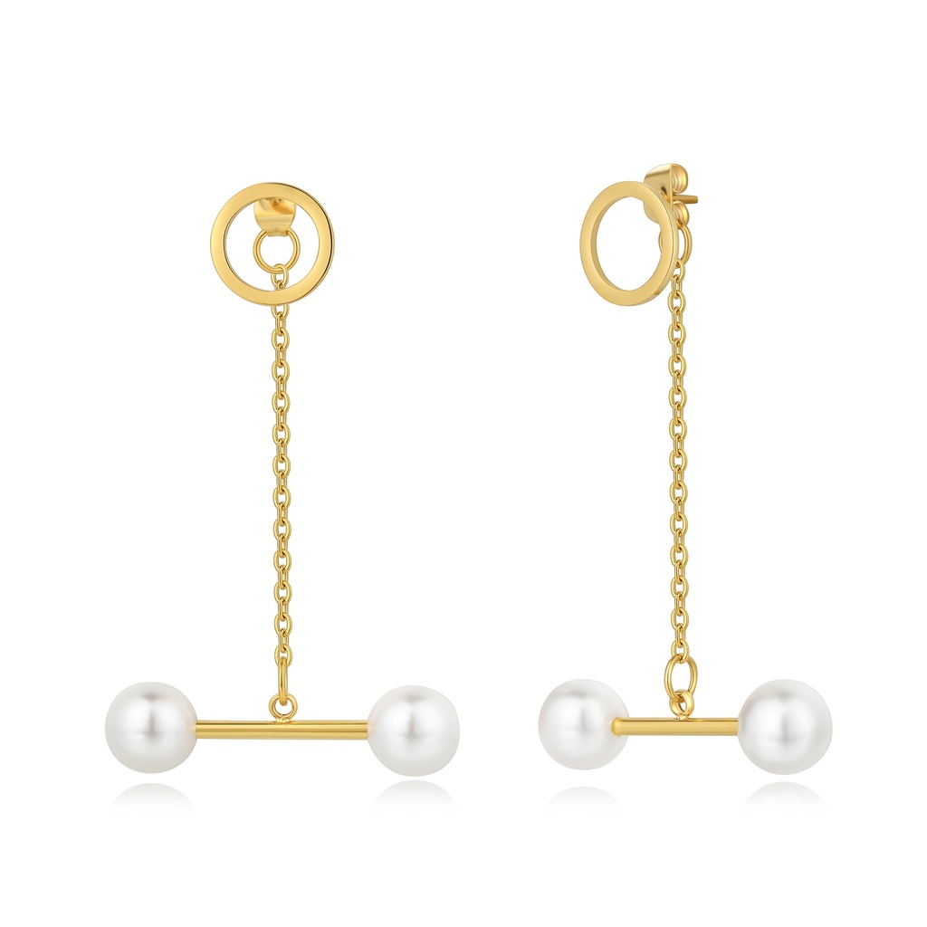 Geometric Chain Dangle Earrings with Imitation Pearls, Gold Stainless Steel