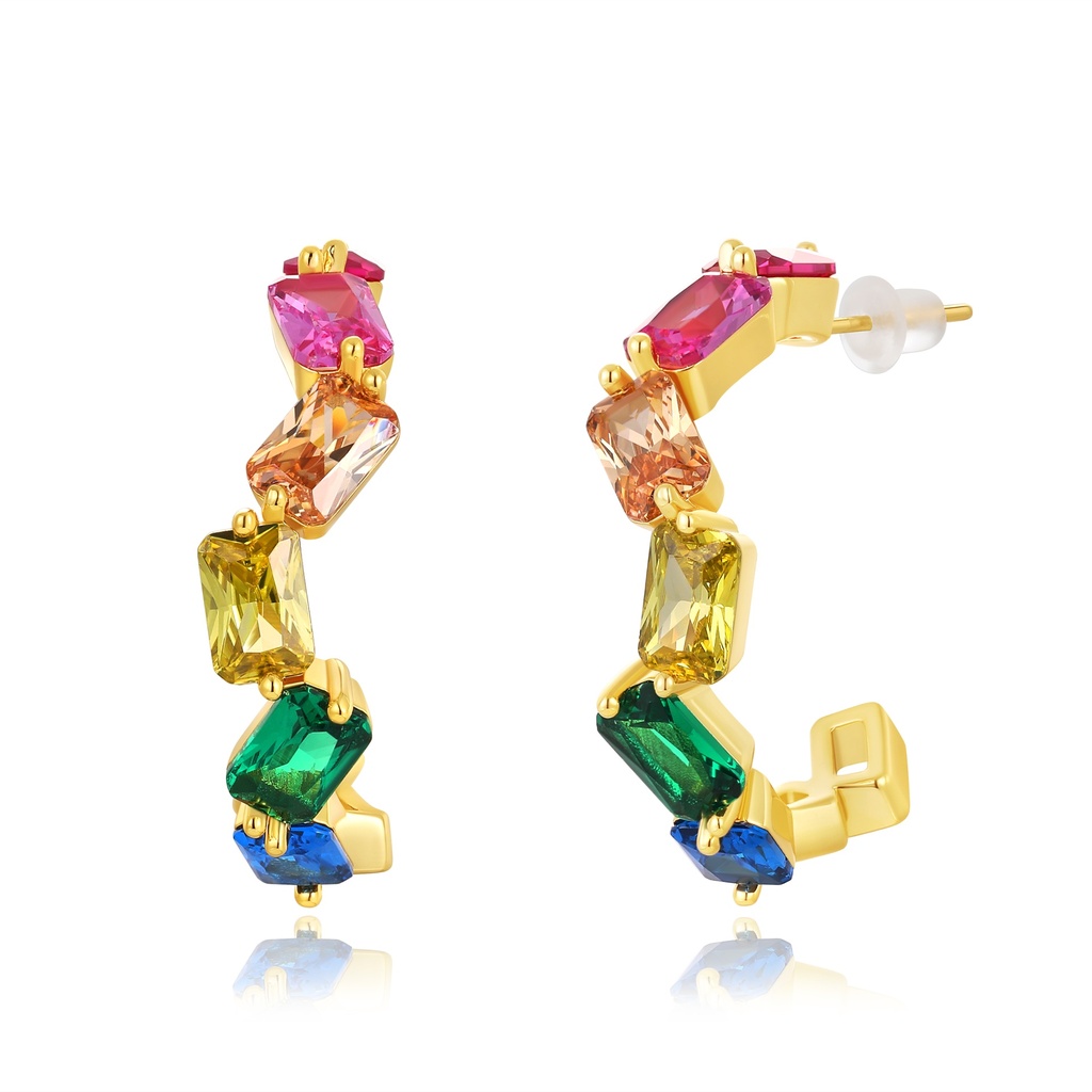 Geometric Color Gem Hoops in Brass, Statement Party Earrings