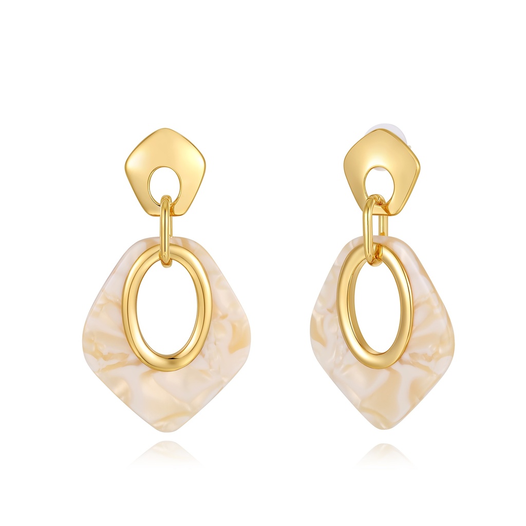 Geometric Drop Earrings with Marbled Ivory and Gold Tones