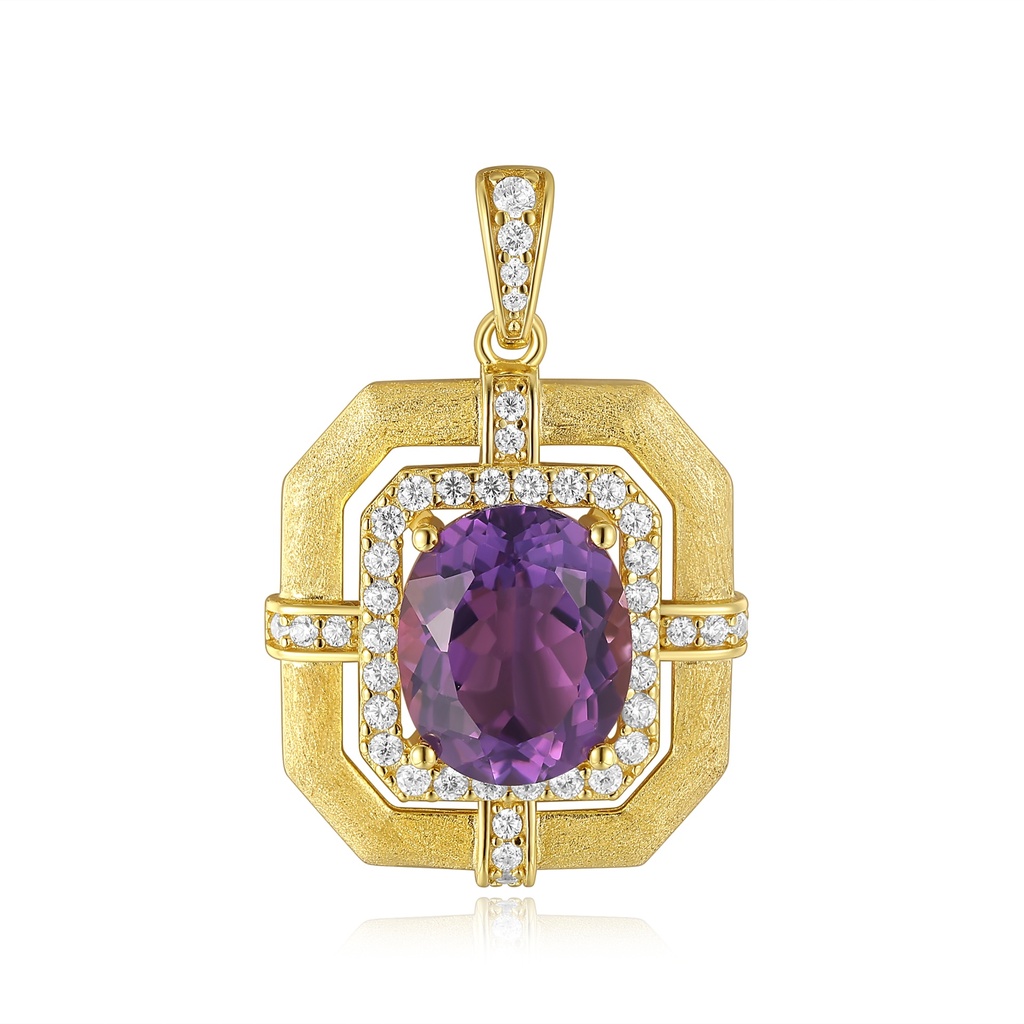 Geometric Gold Pendant with Purple Gemstone and Crystal Accents