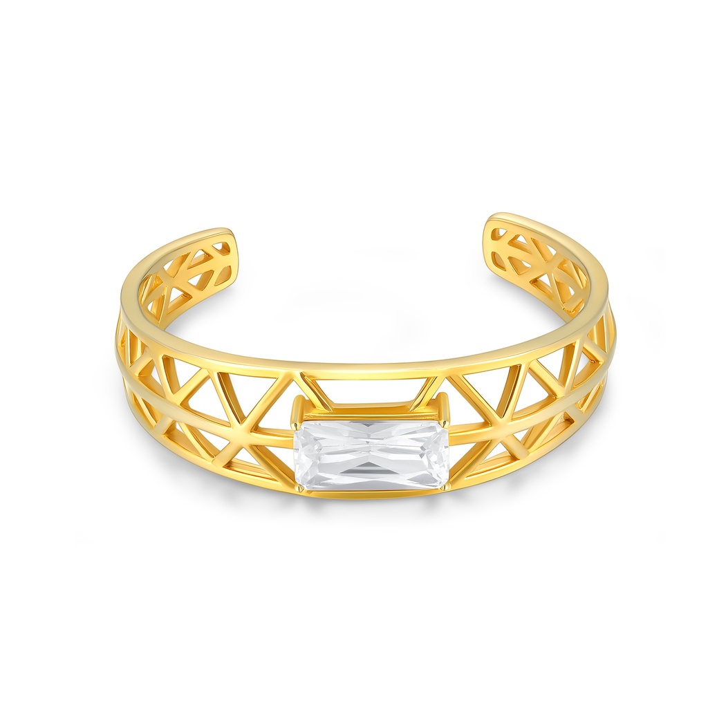 Geometric Gold Stainless Steel Cuff Bracelet with Clear Baguette Crystal