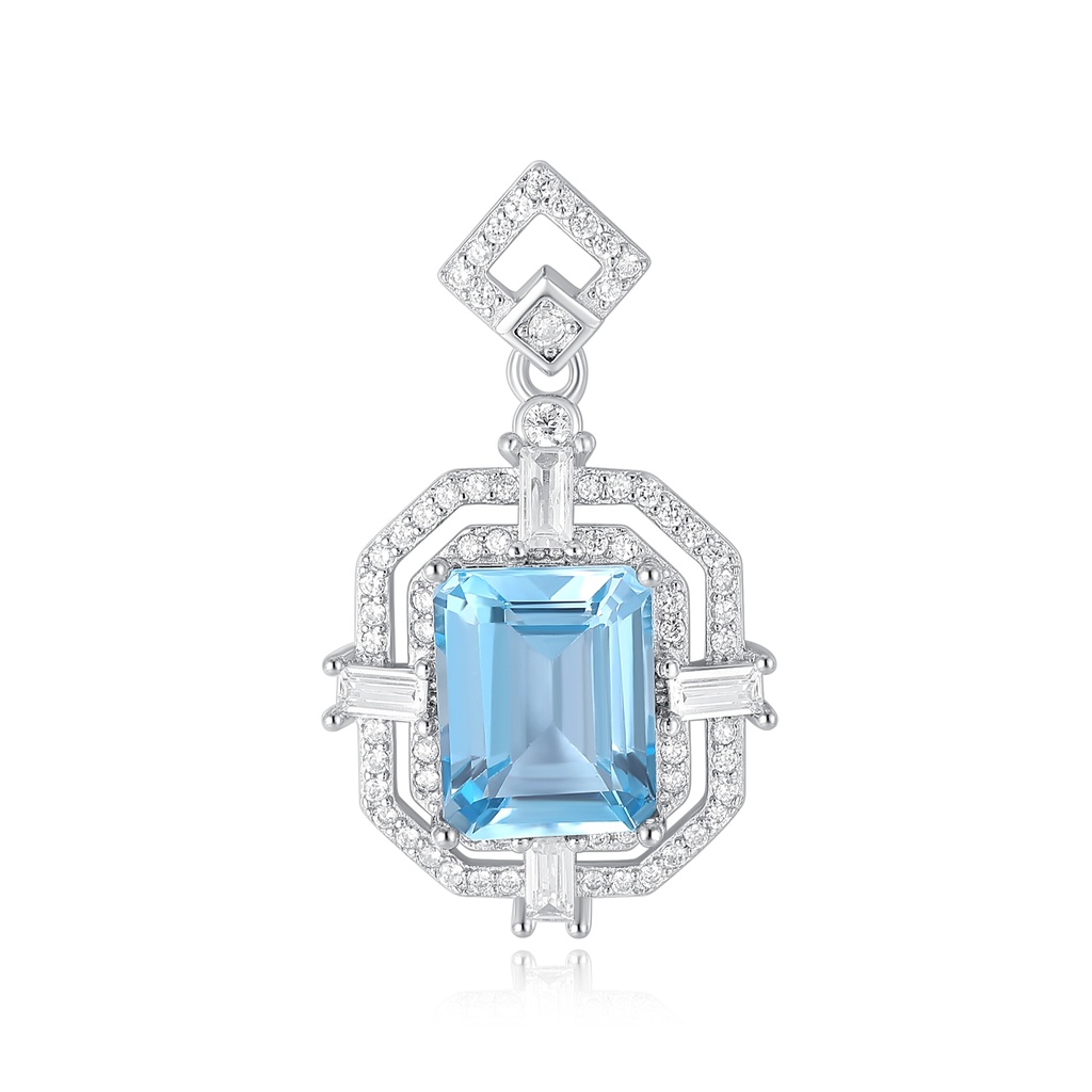 Geometric Pendant with Emerald-Cut Blue Gem and Crystals