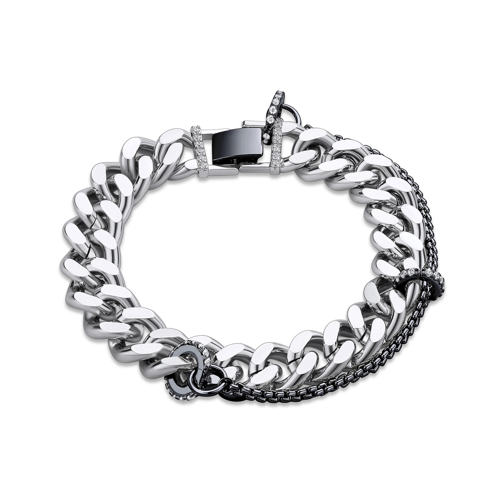 Black and Silver Stainless Steel Chain Bracelet with CZ Embellishments