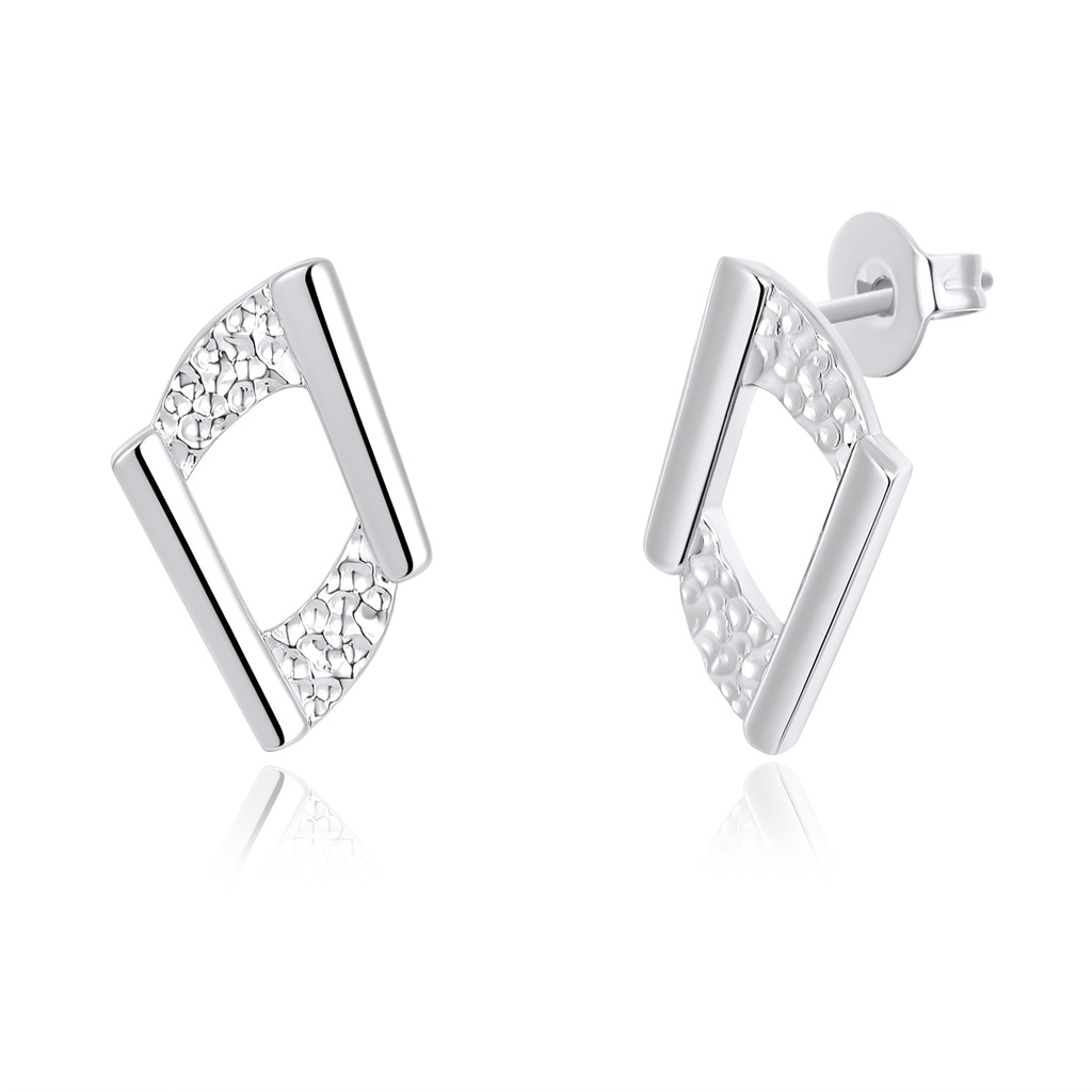 Geometric Rhombus Silver Earrings with Hammered Details