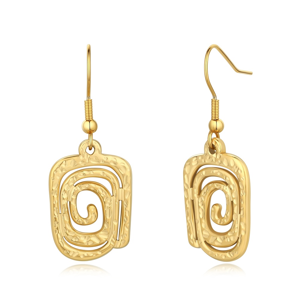 Geometric Spiral Rectangle Earrings in Hammered Gold Finish