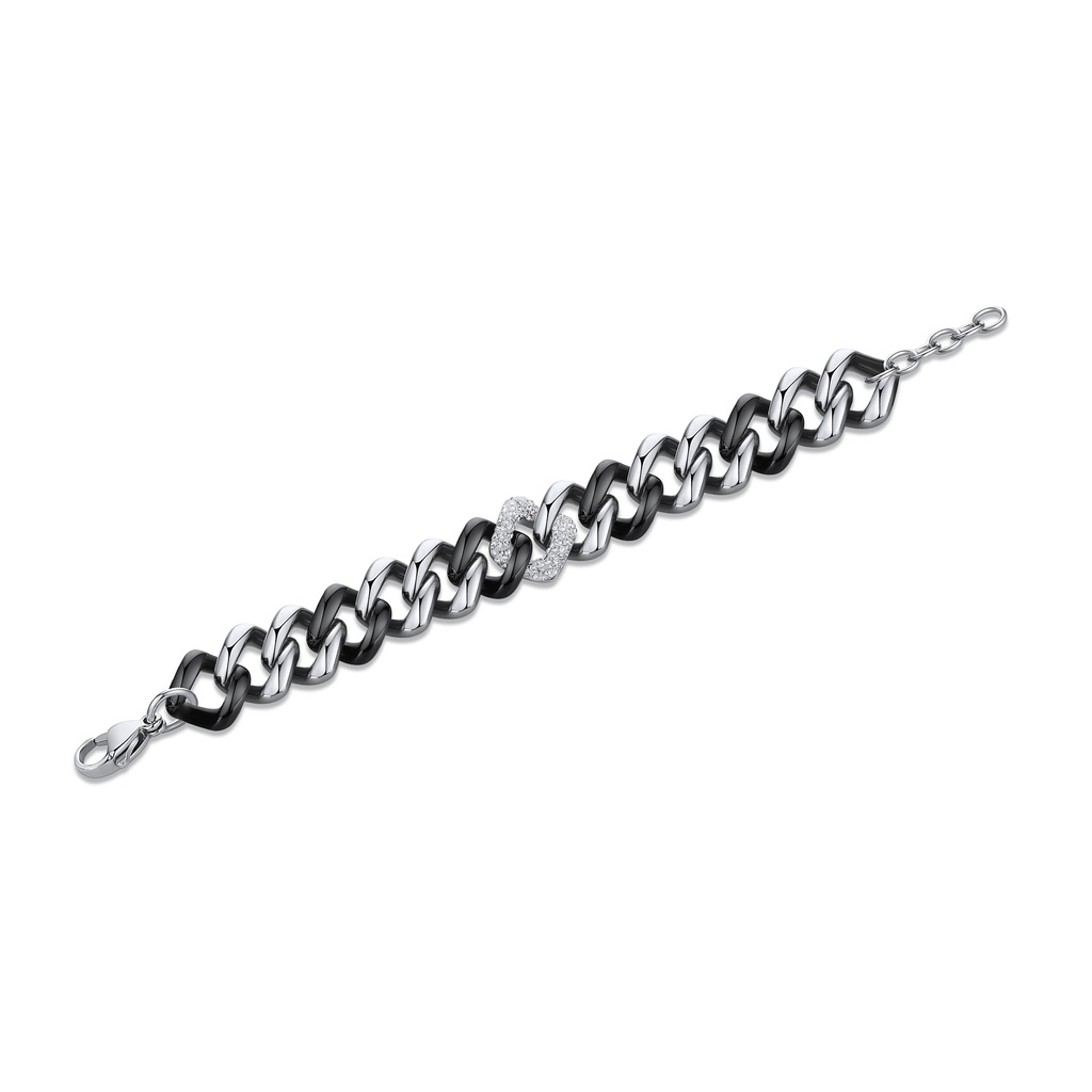 Black and Silver Stainless Steel Chain Bracelet with Sparkling Accent