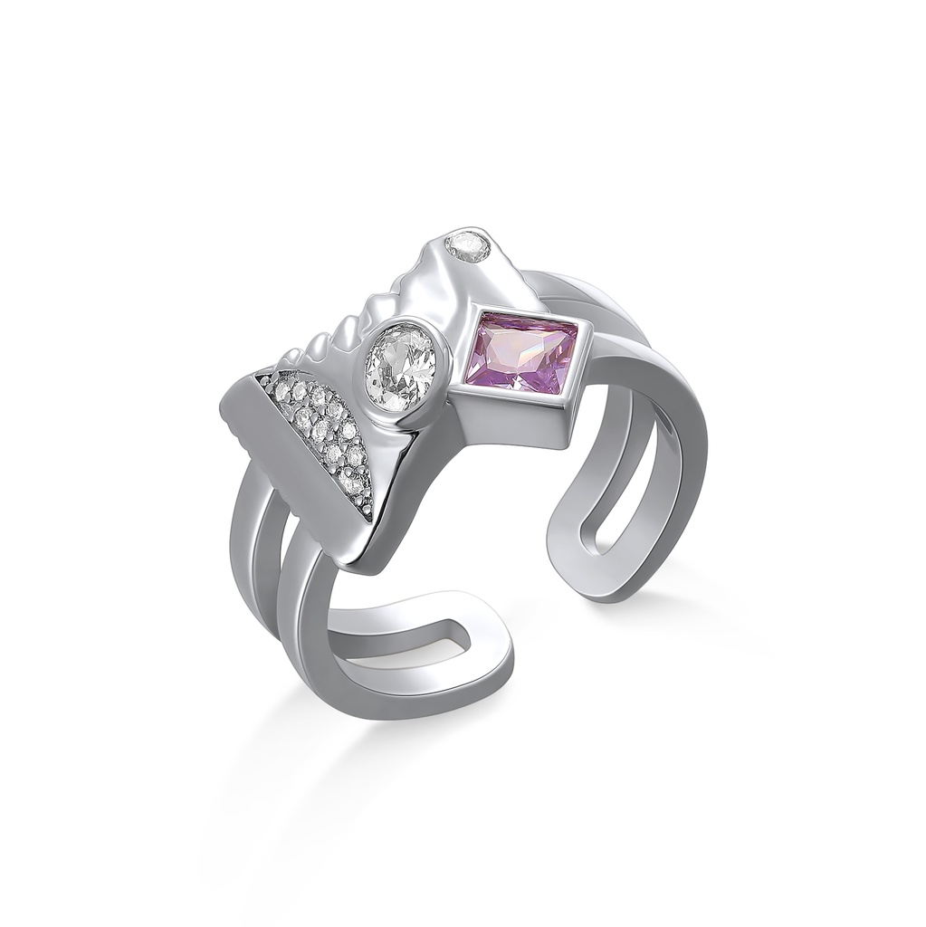 Geometric brass ring with mixed-cut crystals and enamel