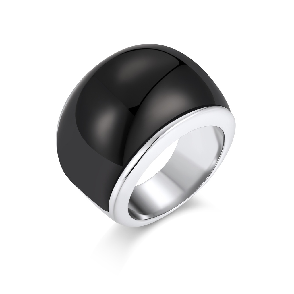 Glossy Black Dome Ring with Silver Stainless Steel Border