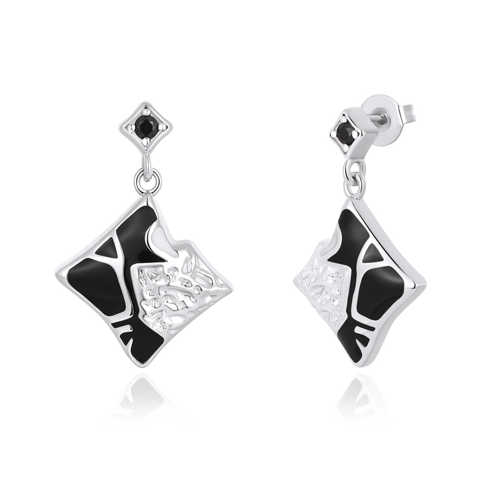 Black enamel drop earrings with geometric silver detail and charm