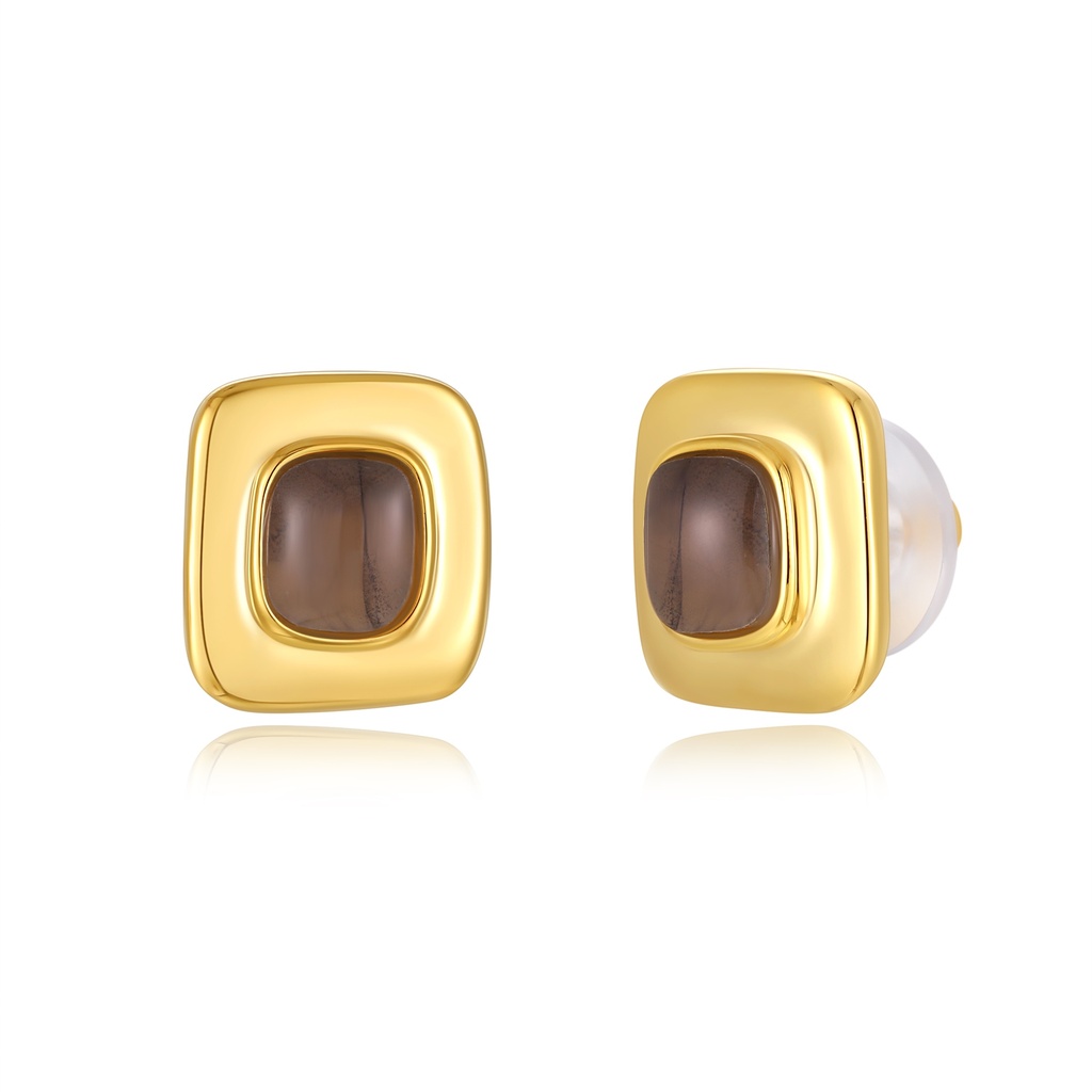Glossy deep amber earrings with vintage-style golden square frame