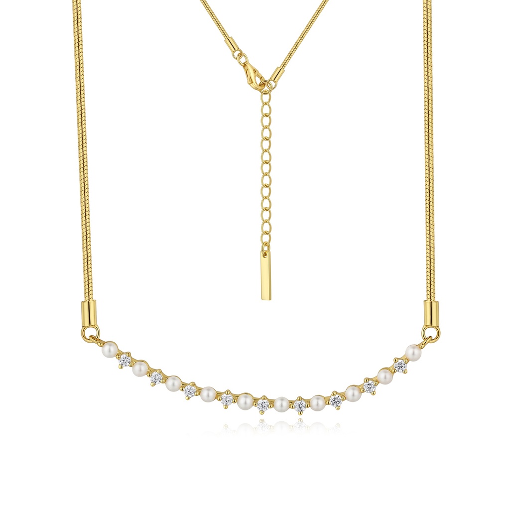 Gold Bar Necklace with Alternating Pearls and Dazzling Crystals
