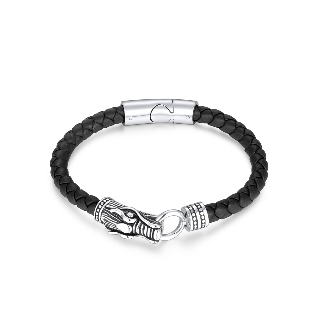 Black leather bracelet featuring stainless steel dragon head clasp.