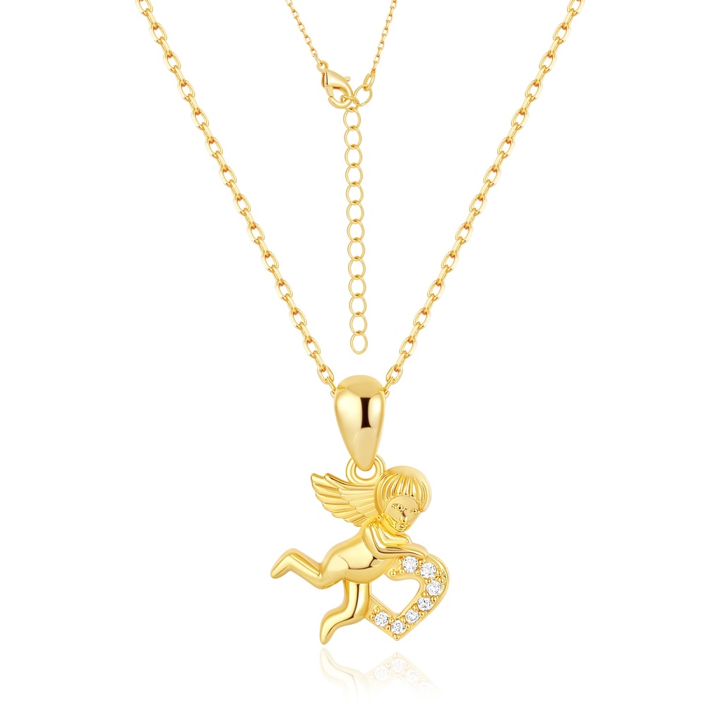 Gold Brass Angel Necklace Holding Heart With CZ Accents