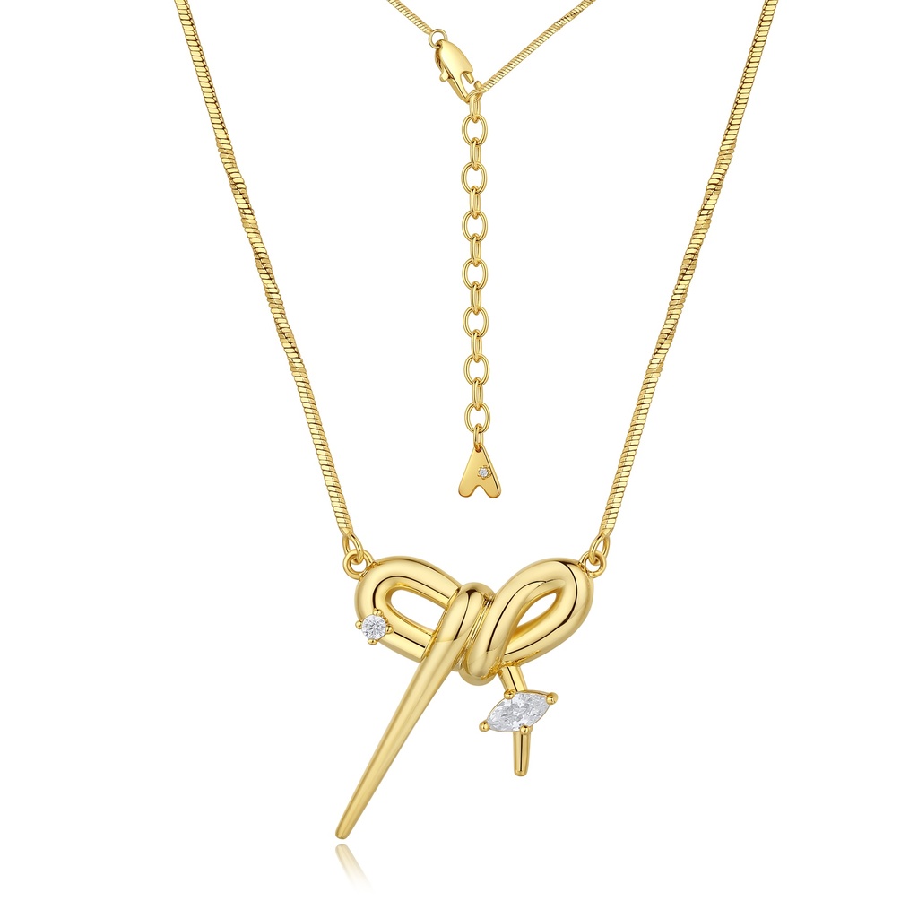 Gold Brass Ribbon Knot Necklace with Cubic Zirconia