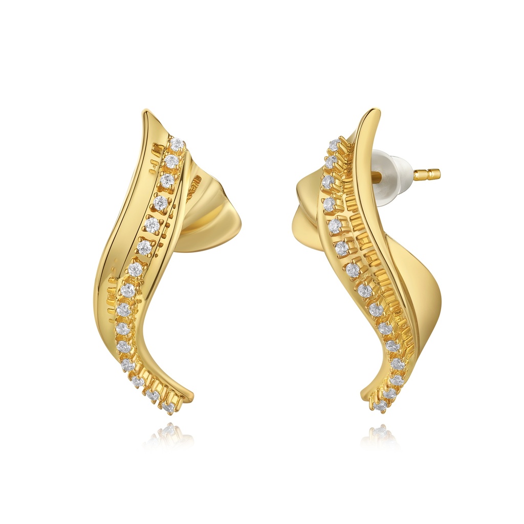 Gold Brass Wave Earrings with Sparkling CZ Stones
