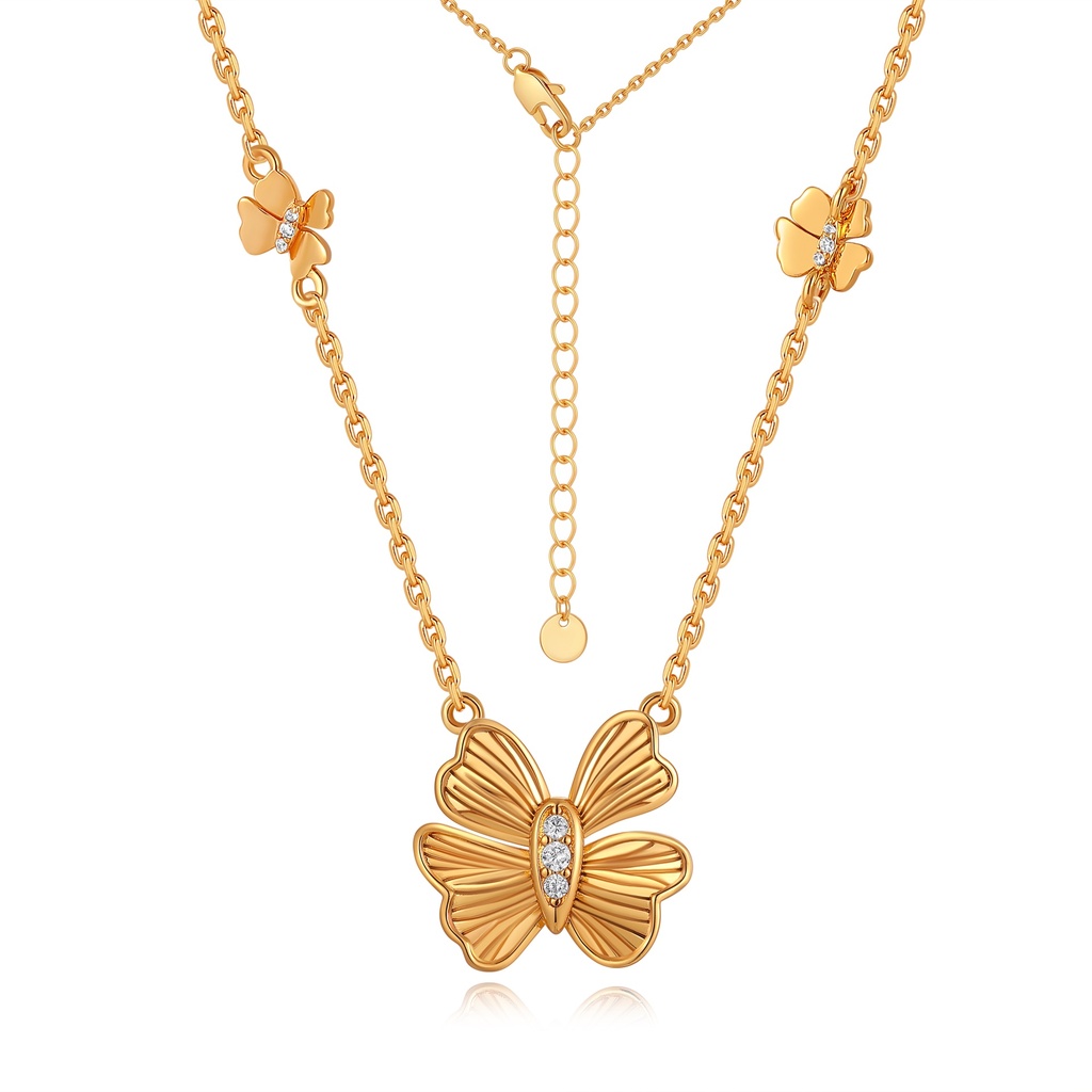 Gold Butterfly Necklace with Crystal Accents and Side Charms