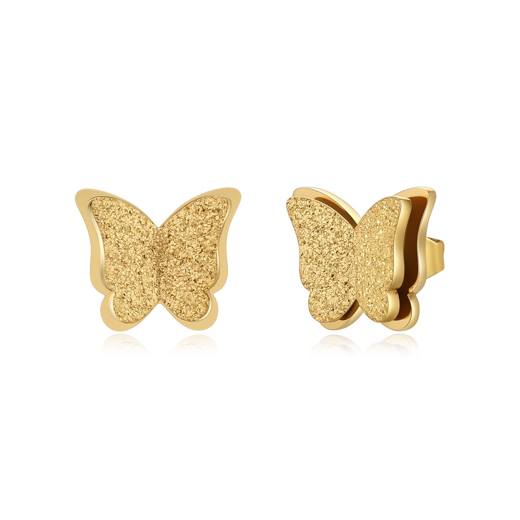 Gold Butterfly Stud Earrings with Glittering Texture