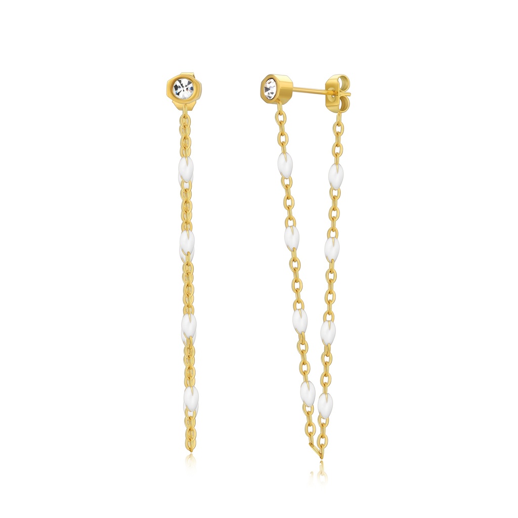 Gold Chain Drop Earrings with White Beads and Crystals