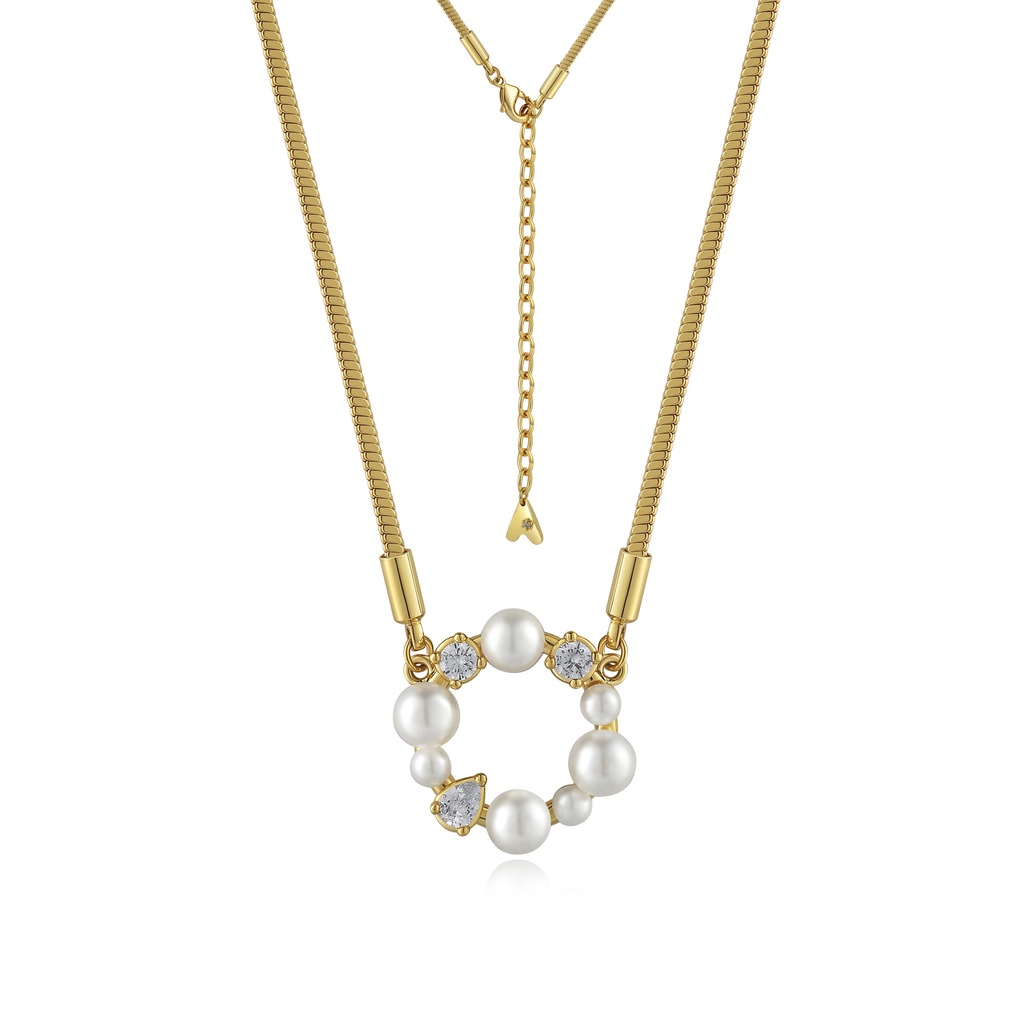 Gold Circular Pearl Necklace with Crystal Accents