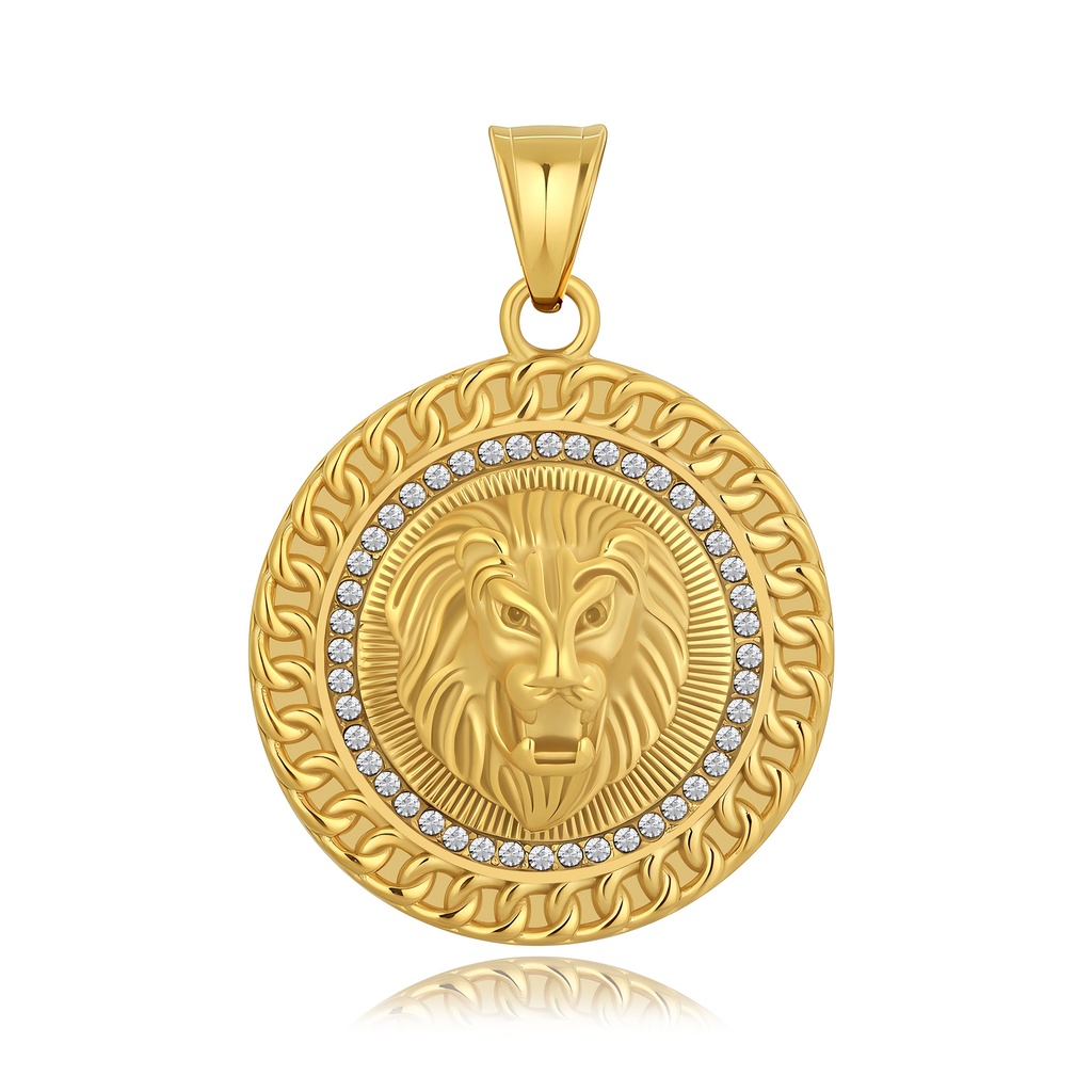 Gold Color Stainless Steel Lion Head Pendant with Crystal Accents