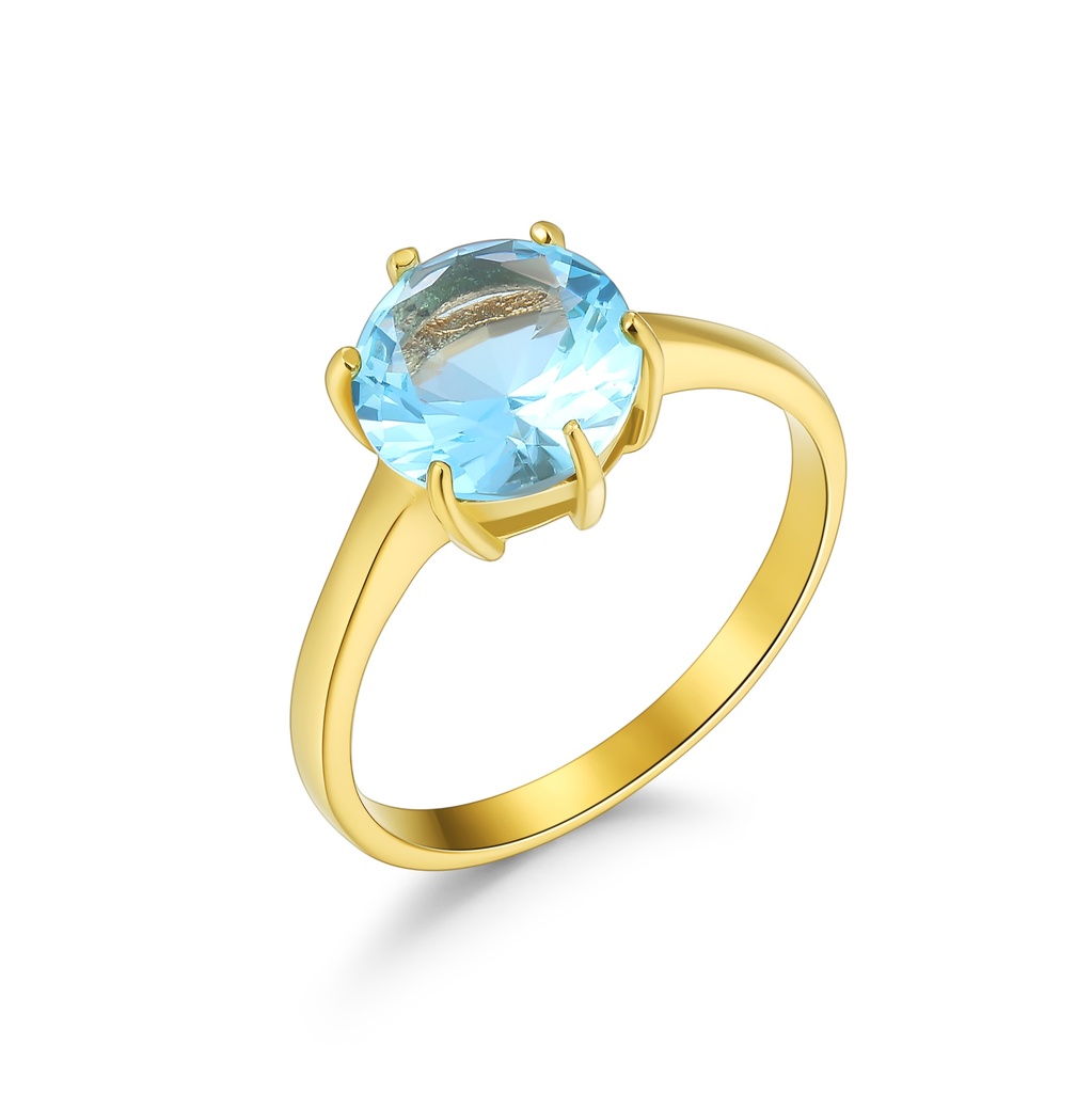 Gold Color Stainless Steel Ring with Sparkling Light Blue Round Stone