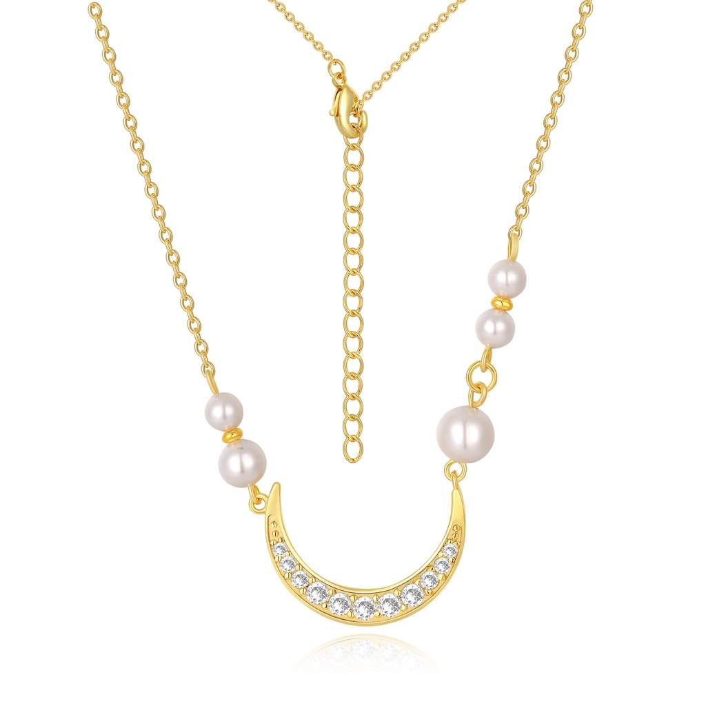 Gold Crescent Moon Necklace with Pearl and Crystal Details