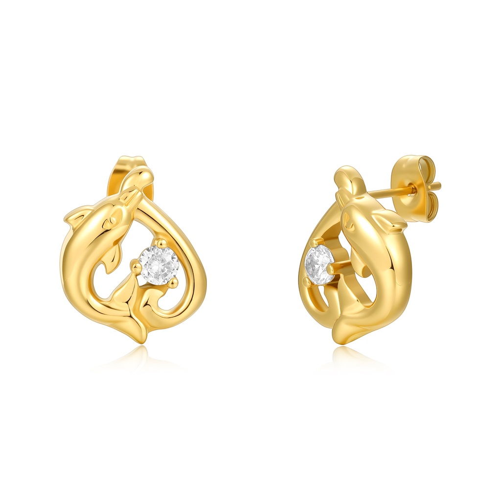 Gold Dolphin Stainless Steel Earrings with Sparkling Crystal Centerpiece