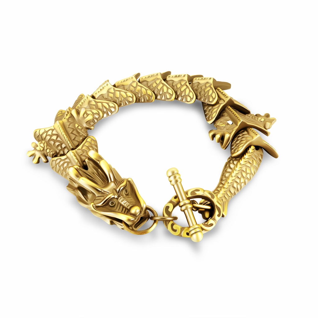 Gold Dragon Link Stainless Steel Bracelet with Toggle Clasp