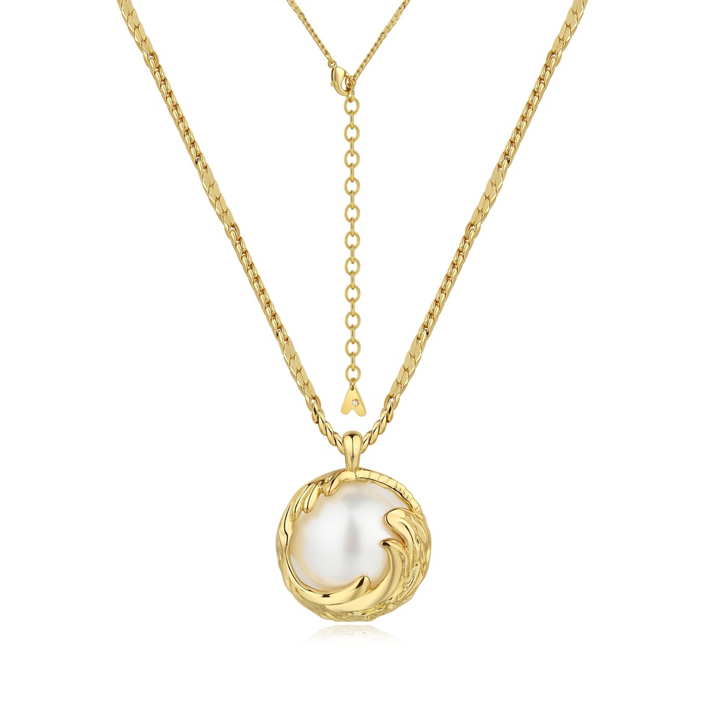 Gold Flame Brass Pendant Necklace with Pearl Centerpiece