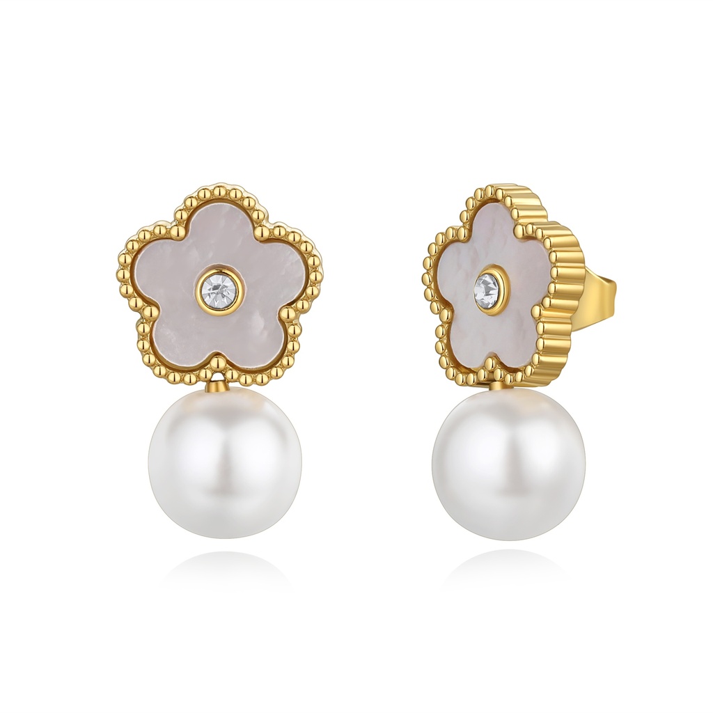 Gold Flower Pearl Earrings with Crystal and Stainless Steel Design