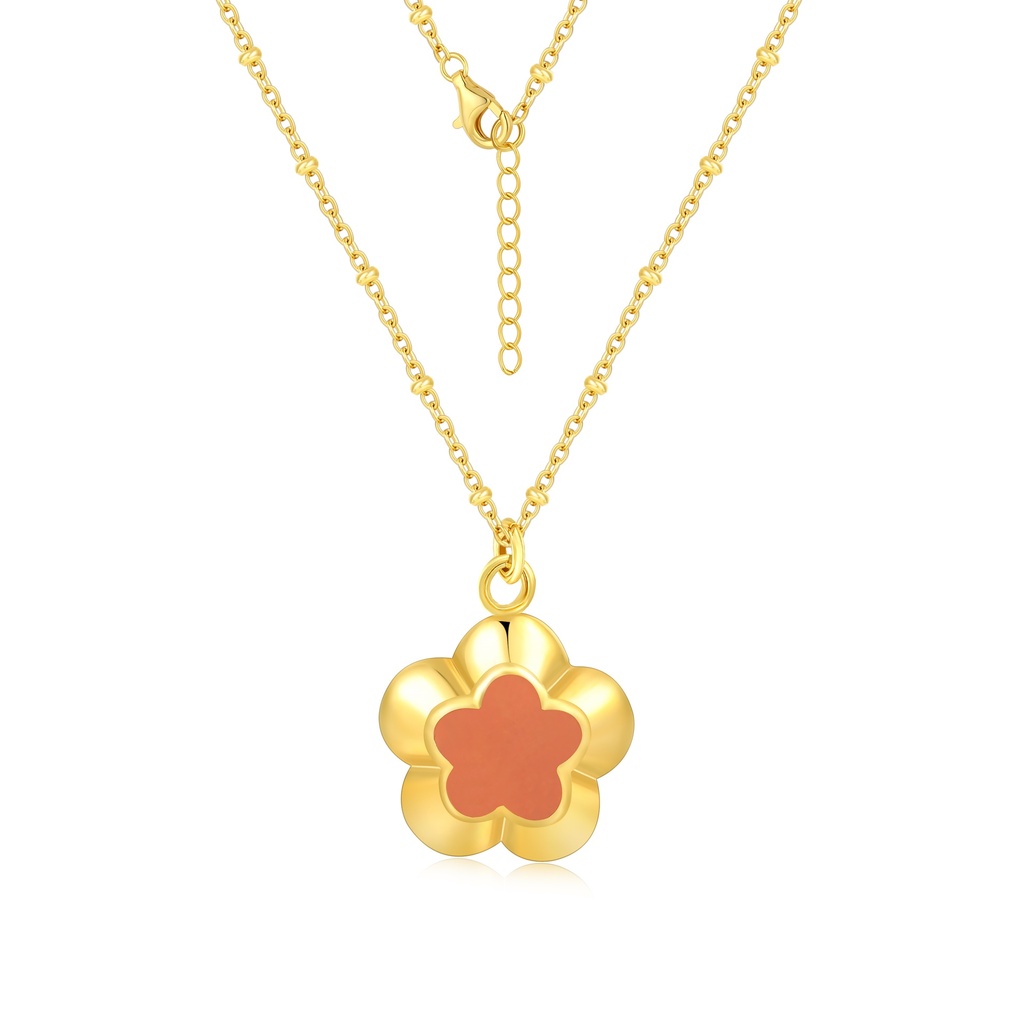 Gold Flower Pendant Necklace with Red Enamel Center Design