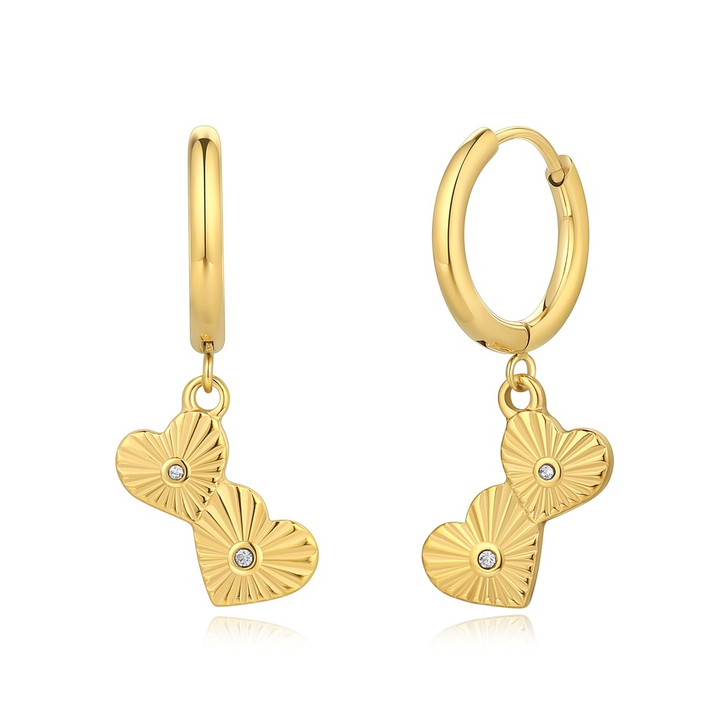Gold Heart Hoop Earrings with Dangle Charm and Crystals