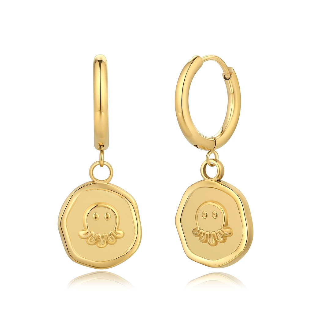 Gold Hoop Earrings with Cute Octopus Coin Charm Design