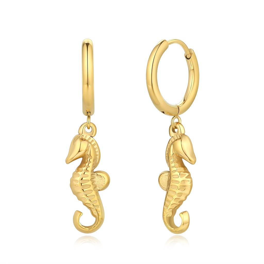 Gold Hoop Earrings with Detailed Seahorse Ocean-Inspired Charms