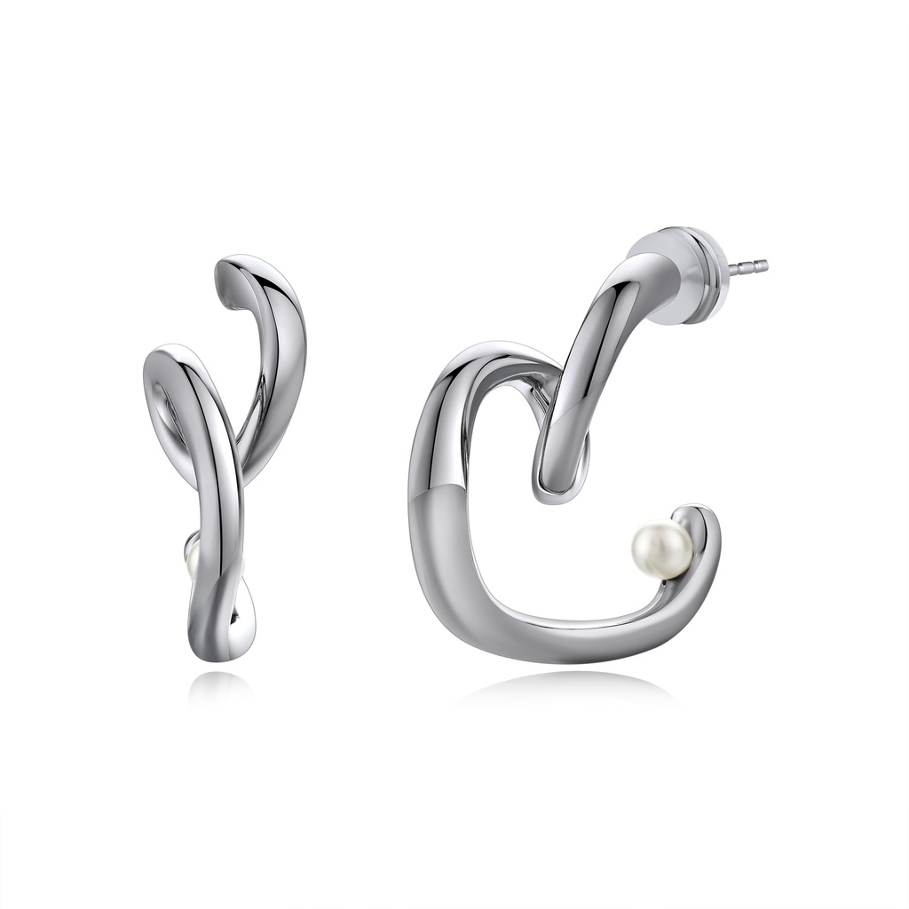 Abstract Twisted Silver-Plated Brass Earrings with Pearl Tip