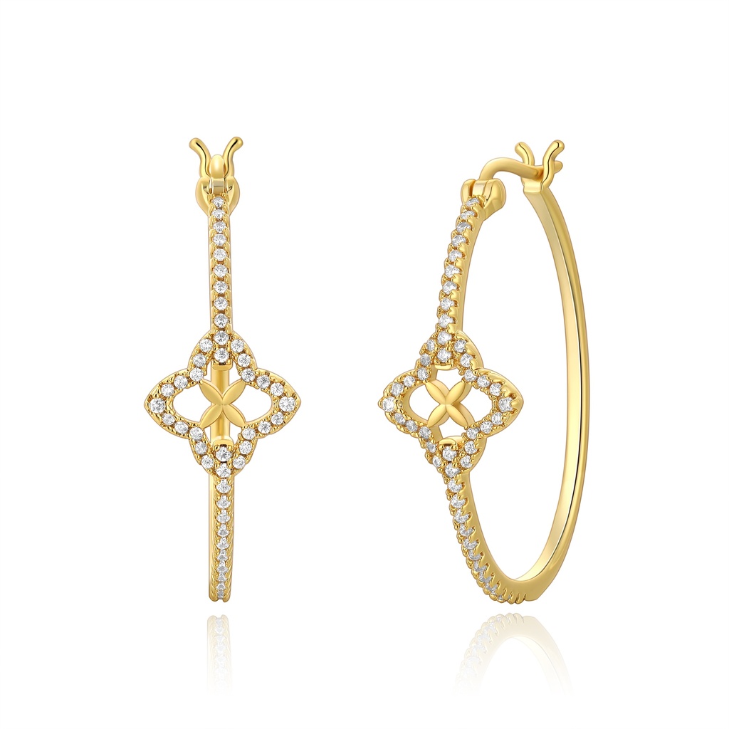 Gold Hoop Earrings with Diamond Flower Center Detail