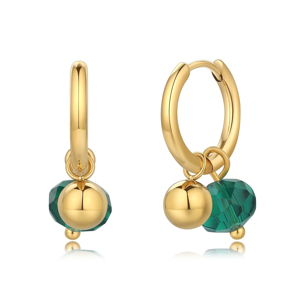 Gold Hoop Earrings with Green Crystal and Ball Charm