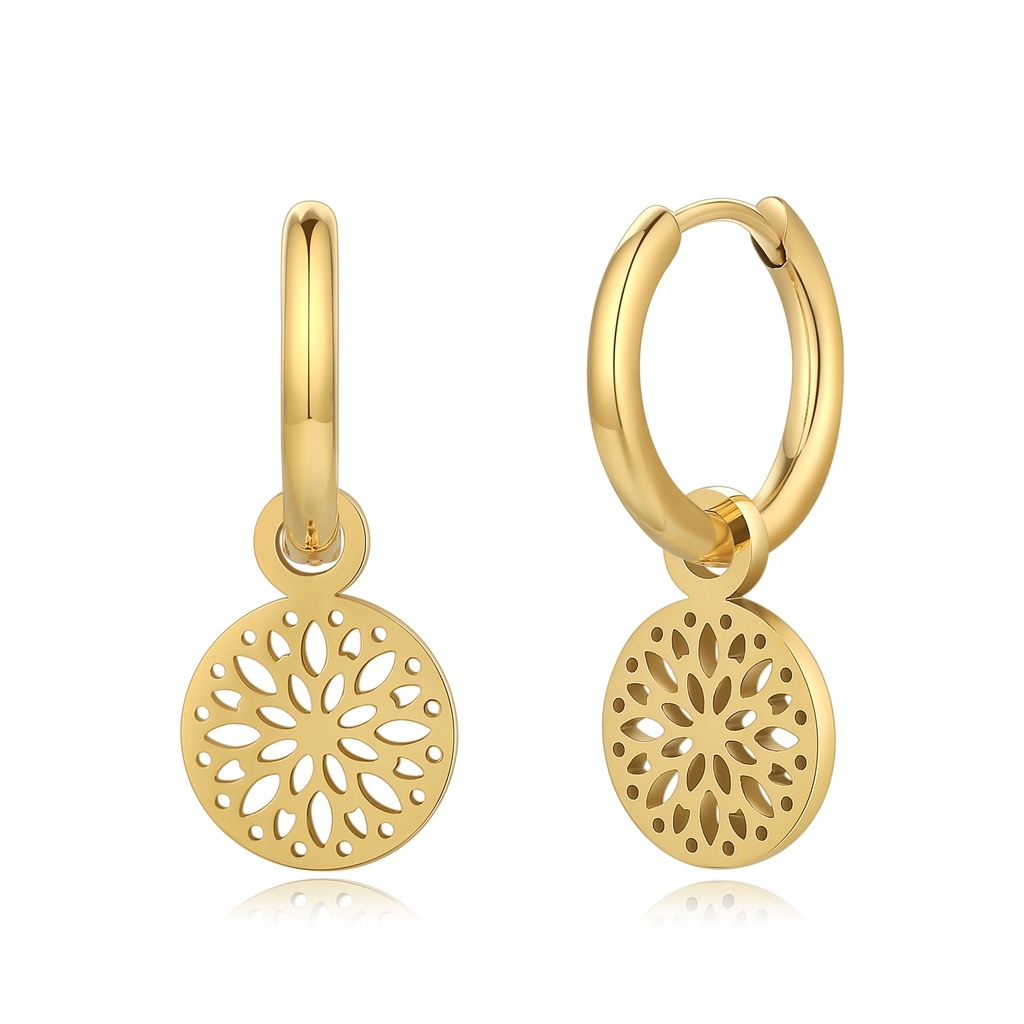 Gold Hoop Earrings with Mandala-Inspired Floral Cutout Charms