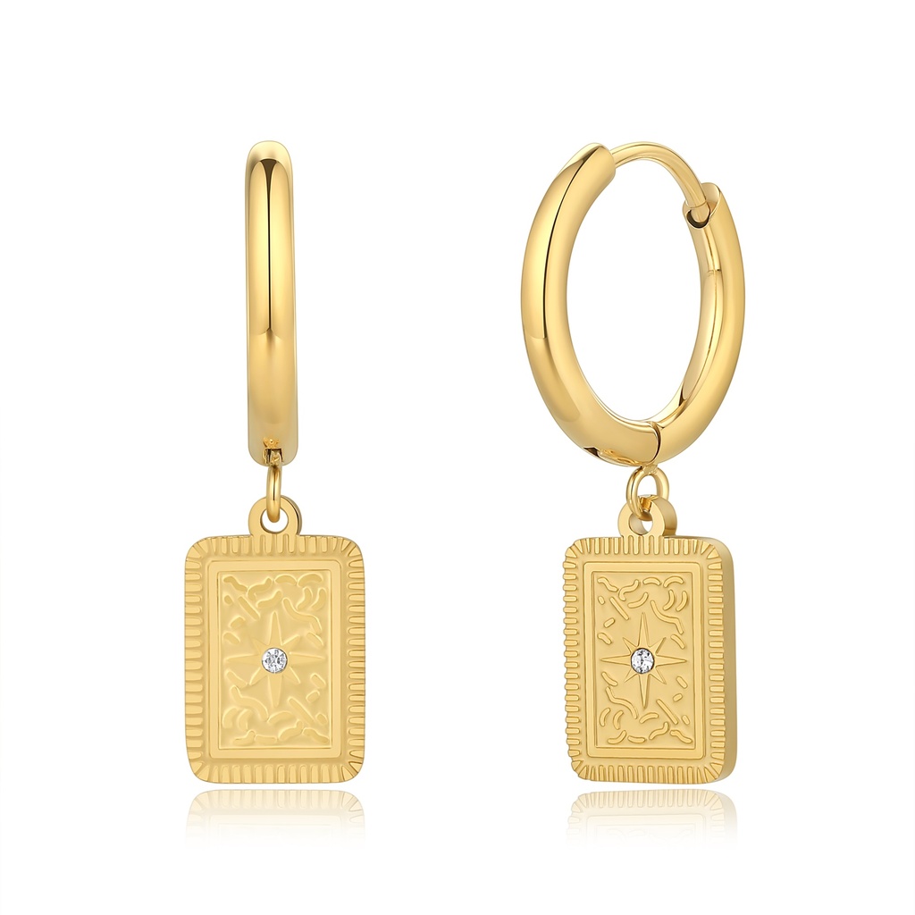 Gold Hoop Earrings with Vintage Rectangle Pendant and Crystal